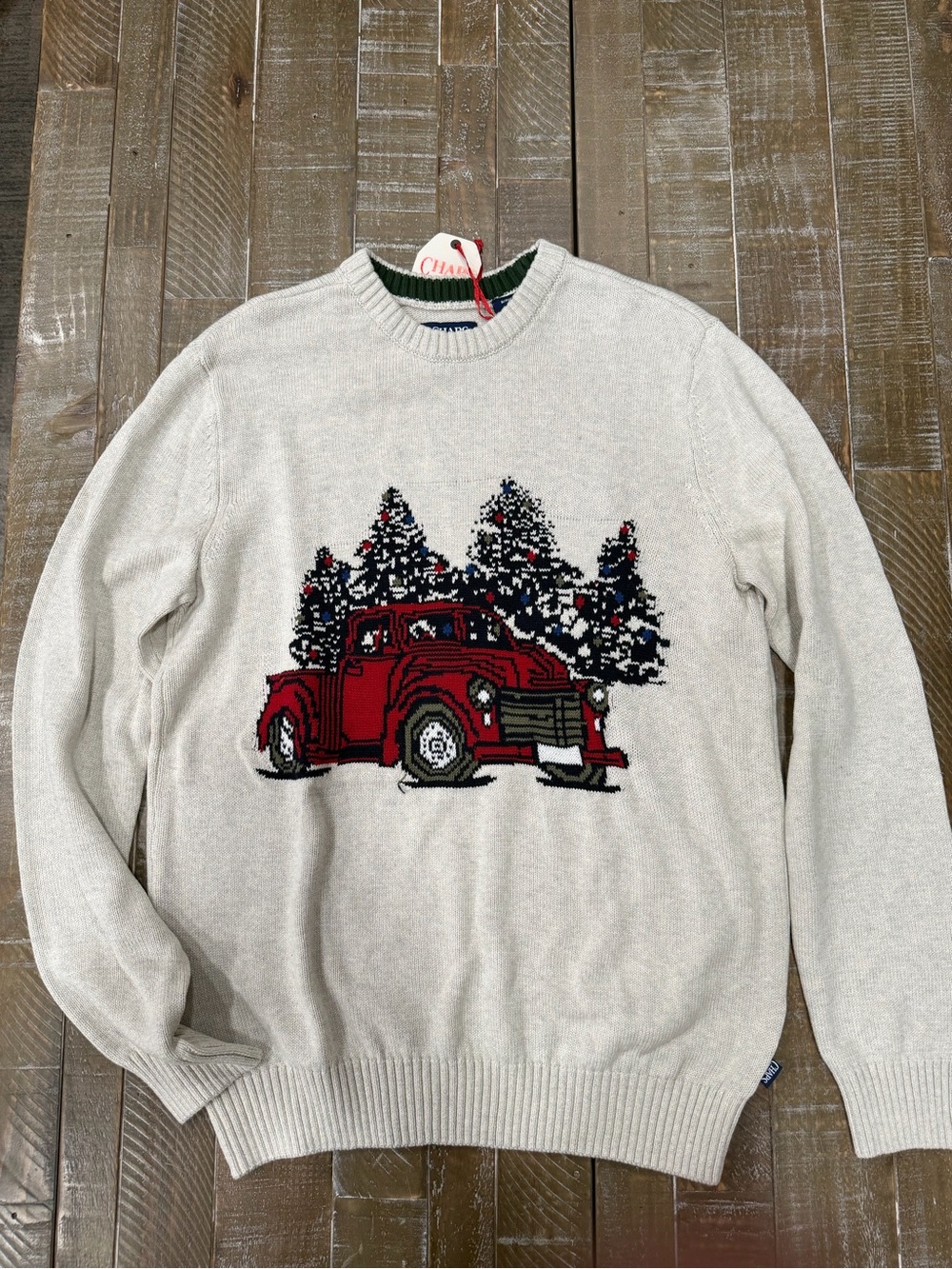 Chaps Beige Crewneck Sweater with Red Truck Graphic